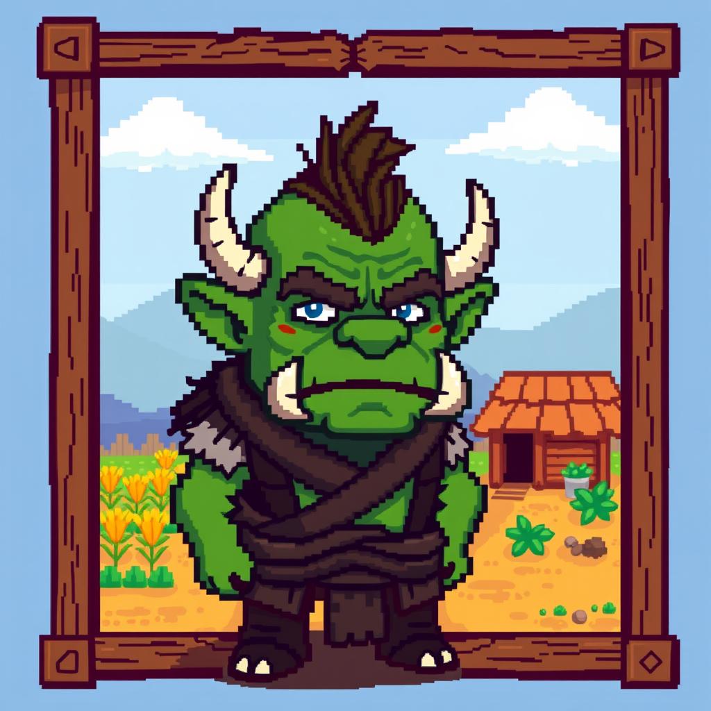 A pixel art orc character with green skin, tusks, and rugged features, designed in a Stardew Valley style, within a 32x32 pixel frame
