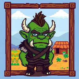 A pixel art orc character with green skin, tusks, and rugged features, designed in a Stardew Valley style, within a 32x32 pixel frame