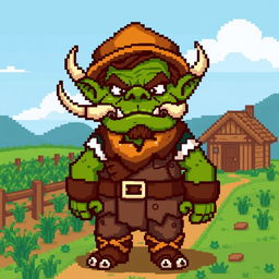 A pixel art orc character with green skin, tusks, and rugged features, designed in a Stardew Valley style, within a 32x32 pixel frame