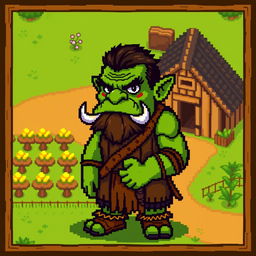 A pixel art orc character with green skin, tusks, and rugged features, designed in a Stardew Valley style, within a 32x32 pixel frame