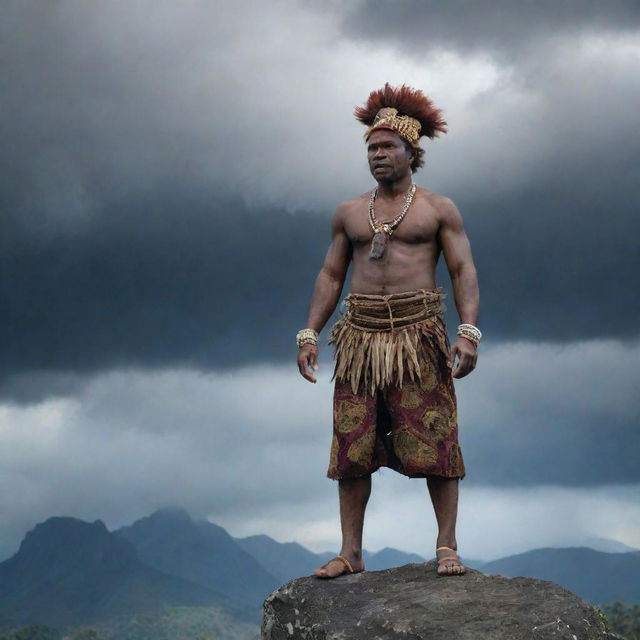 A Papua New Guinean man in traditional attire, standing atop a rocky mountain crest. The sky above him churns with dark, ominous clouds.