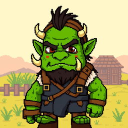 A pixel art orc character with green skin, tusks, and rugged features, designed in a Stardew Valley style, within a 32x32 pixel frame