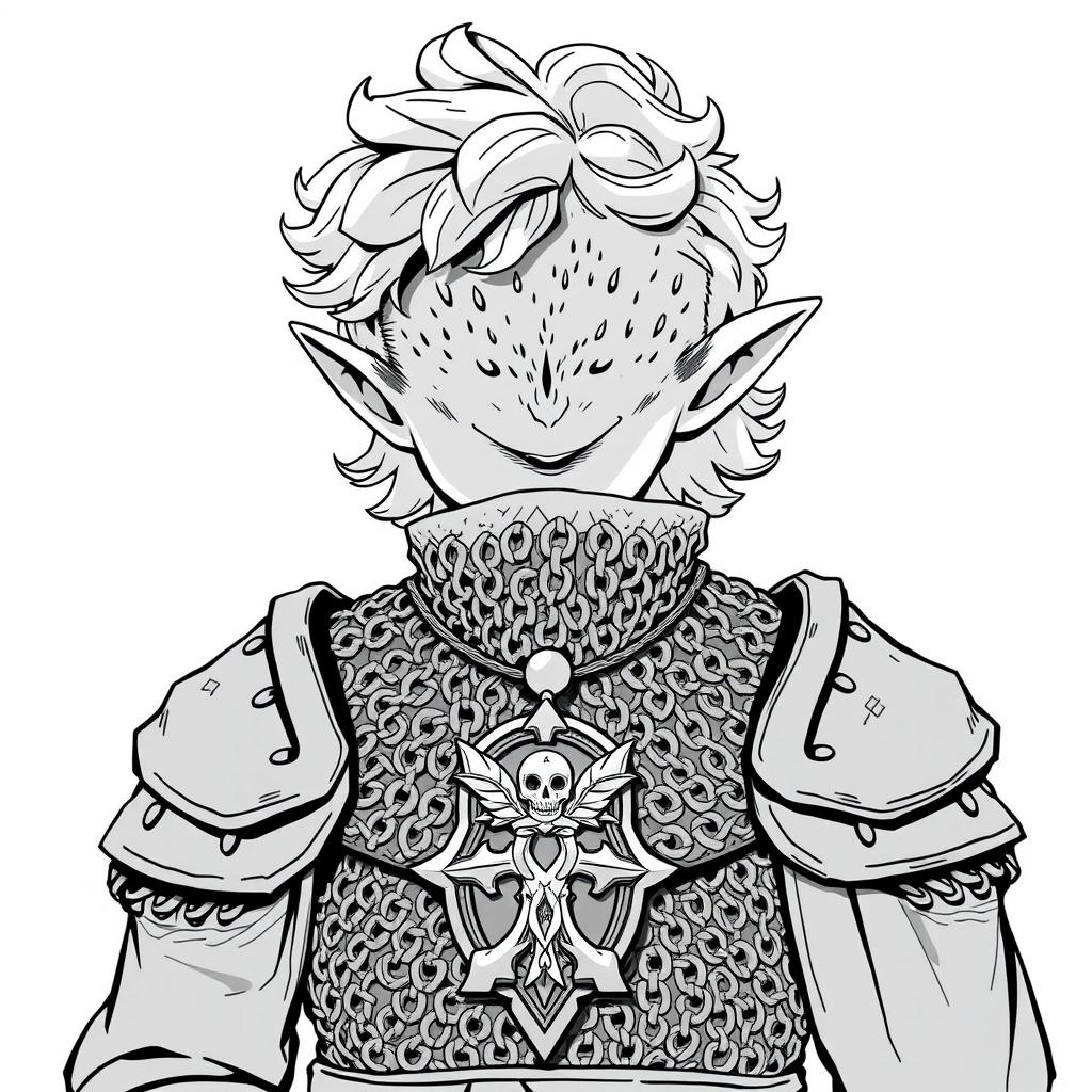 Greyscale illustration of an anime-style halfling cleric with prominent sideburns and curly hair, depicted from the shoulders up