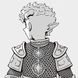 Greyscale illustration of an anime-style halfling cleric with prominent sideburns and curly hair, depicted from the shoulders up