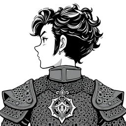 Greyscale illustration of an anime-style halfling cleric with prominent sideburns and curly hair, depicted from the shoulders up