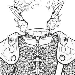 Greyscale illustration of an anime-style halfling cleric with prominent sideburns and curly hair, depicted from the shoulders up