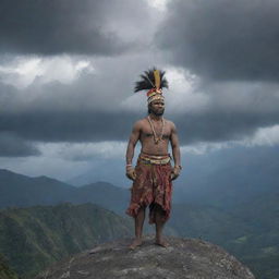 A Papua New Guinean man in traditional attire, standing atop a rocky mountain crest. The sky above him churns with dark, ominous clouds.