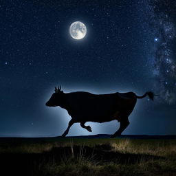 A playful cow, in mid-jump, silhouetted against a full and brightly illuminated moon in a dark, star-filled night sky.