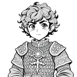 Greyscale illustration of an anime-style halfling cleric with prominent sideburns and curly hair, looking forward