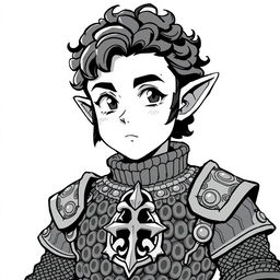 Greyscale illustration of an anime-style halfling cleric with prominent sideburns and curly hair, looking forward