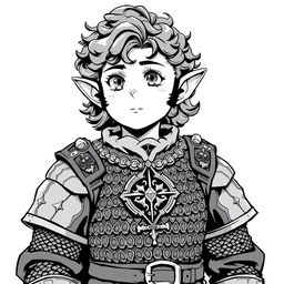 Greyscale illustration of an anime-style halfling cleric with prominent sideburns and curly hair, looking forward