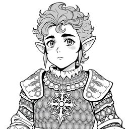 Greyscale illustration of an anime-style halfling cleric with prominent sideburns and curly hair, looking forward