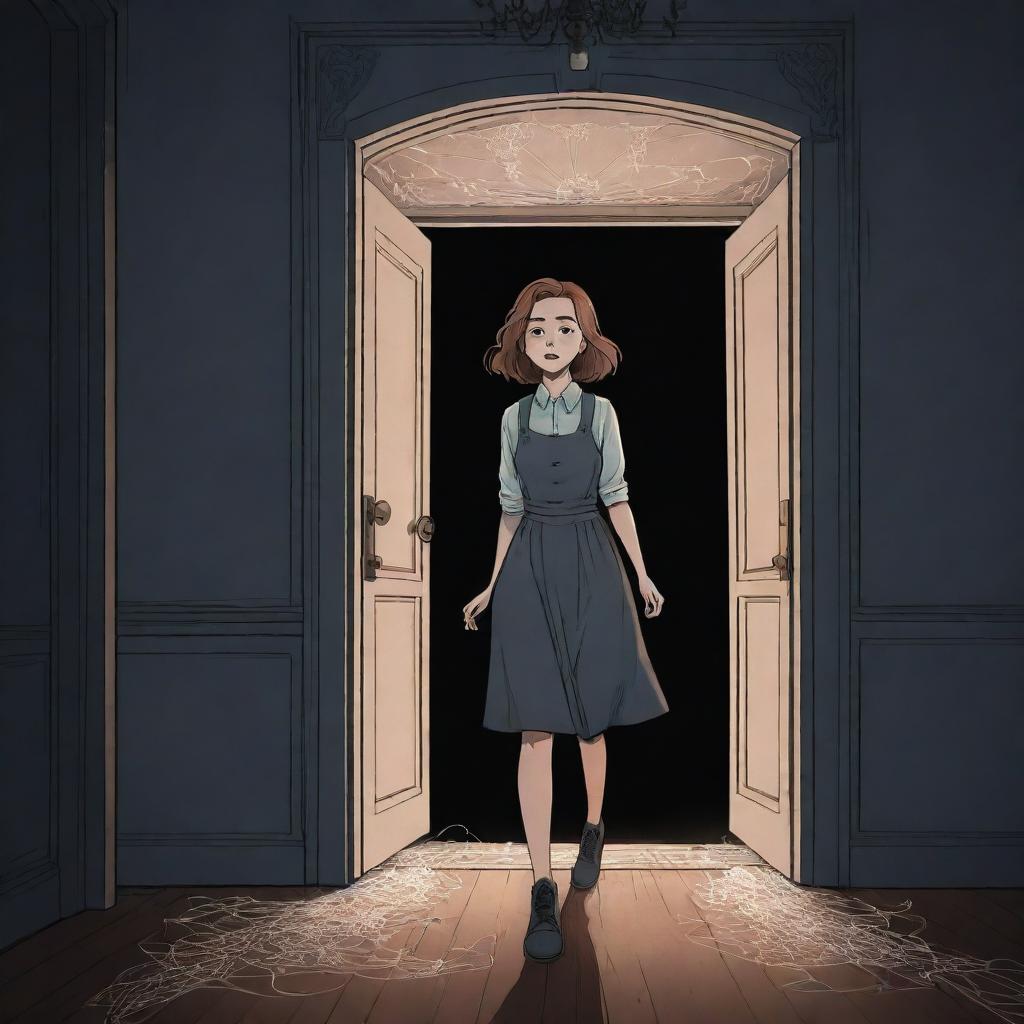 Webtoon style color image of a character named EMMA cautiously entering a dimly lit mansion, flashlight in hand. The mansion is full of cobwebs hanging from the ceiling, and the floorboards quietly creak under her feet.