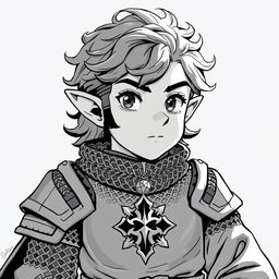 Greyscale illustration of an anime-style halfling cleric with distinctive sideburns and curly hair, looking forward