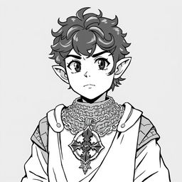 Greyscale illustration of an anime-style halfling cleric with distinctive sideburns and curly hair, looking forward