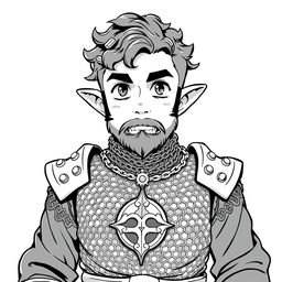 Greyscale illustration of an anime-style halfling cleric with distinctive sideburns and curly hair, looking forward