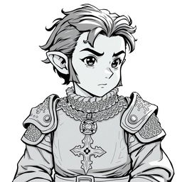 Greyscale illustration of an anime-style halfling cleric with distinctive sideburns and curly hair, looking forward