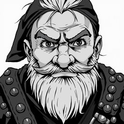 greyscale illustration of a dwarf rogue in anime style, featuring a goatee and clad in studded leather armor