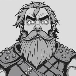 greyscale illustration of a dwarf rogue in anime style, featuring a goatee and clad in studded leather armor