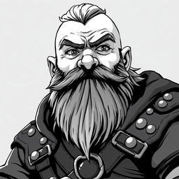 greyscale illustration of a dwarf rogue in anime style, featuring a goatee and clad in studded leather armor