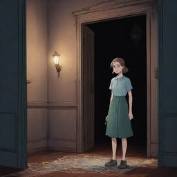 Webtoon style color image of a character named EMMA cautiously entering a dimly lit mansion, flashlight in hand. The mansion is full of cobwebs hanging from the ceiling, and the floorboards quietly creak under her feet.