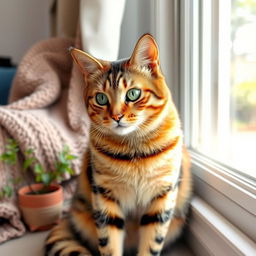 A tabby cat with distinct striping patterns, sitting gracefully by a sunlit window, its fur reflecting various hues of orange and gray