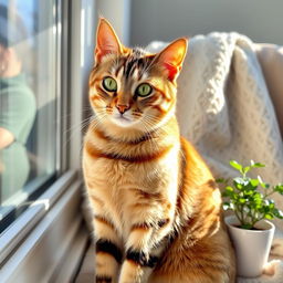 A tabby cat with distinct striping patterns, sitting gracefully by a sunlit window, its fur reflecting various hues of orange and gray