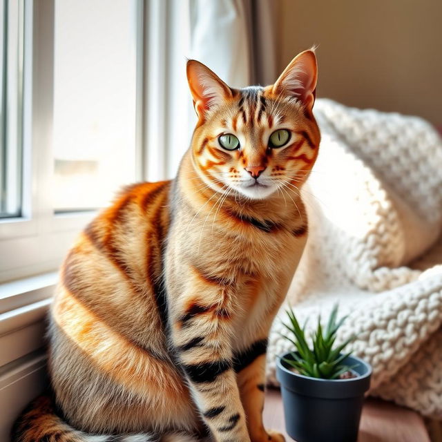 A tabby cat with distinct striping patterns, sitting gracefully by a sunlit window, its fur reflecting various hues of orange and gray