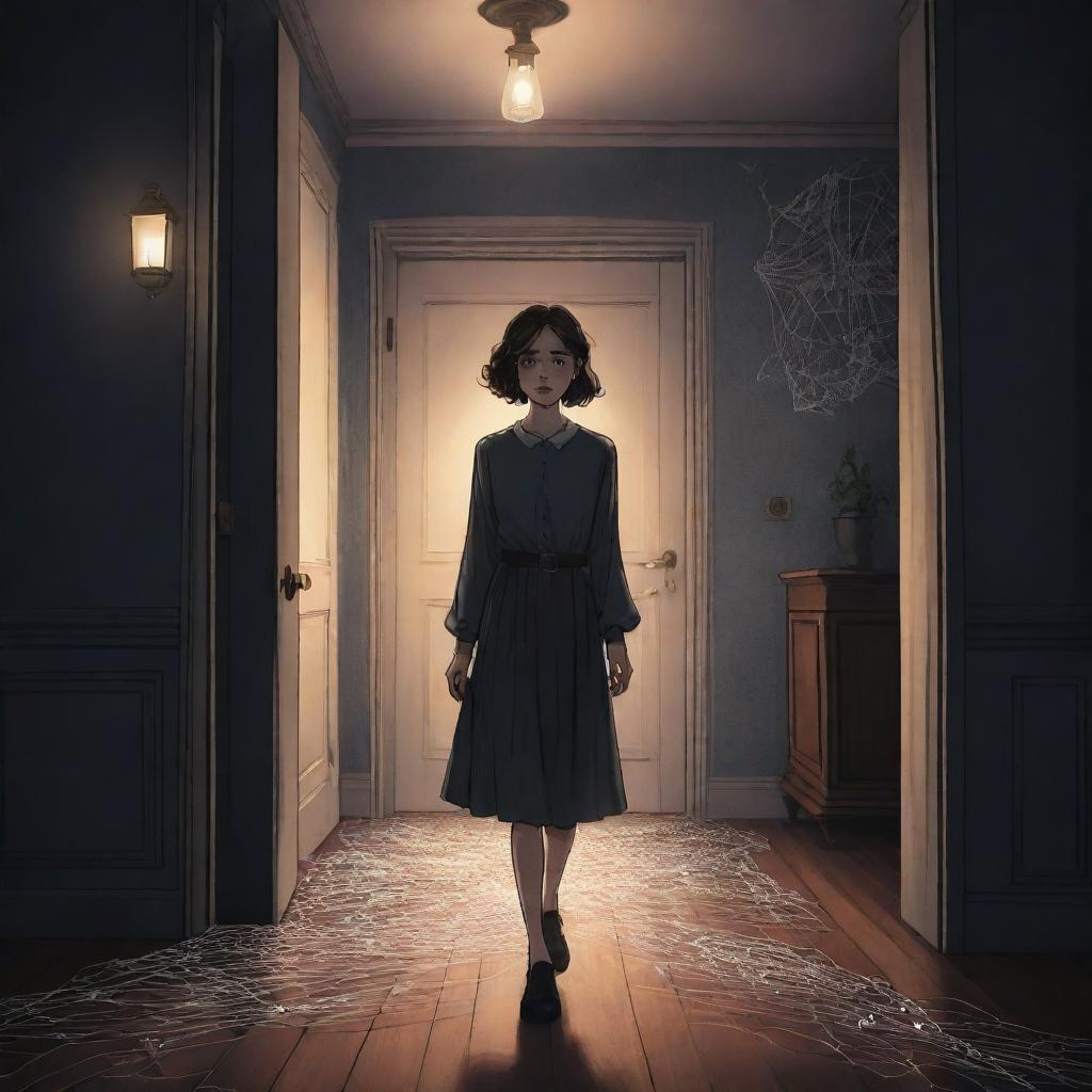 Webtoon style color image of a character named EMMA cautiously entering a dimly lit mansion, flashlight in hand. The mansion is full of cobwebs hanging from the ceiling, and the floorboards quietly creak under her feet.