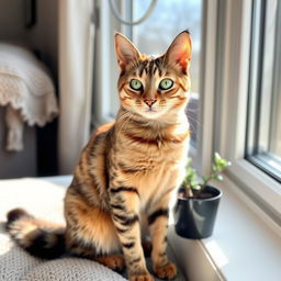 A tabby cat with distinct striping patterns, sitting gracefully by a sunlit window, its fur reflecting various hues of orange and gray