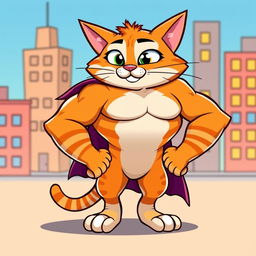 A cartoon muscular cat with exaggerated muscles and a confident pose, standing with its paws on its hips