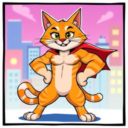 A cartoon muscular cat with exaggerated muscles and a confident pose, standing with its paws on its hips