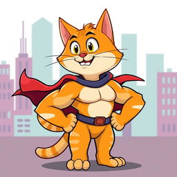 A cartoon muscular cat with exaggerated muscles and a confident pose, standing with its paws on its hips