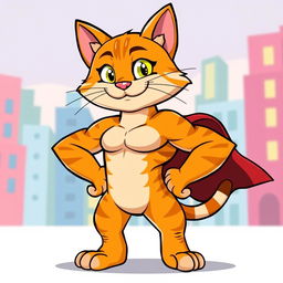 A cartoon muscular cat with exaggerated muscles and a confident pose, standing with its paws on its hips