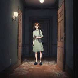 Webtoon style color image of a character named EMMA cautiously entering a dimly lit mansion, flashlight in hand. The mansion is full of cobwebs hanging from the ceiling, and the floorboards quietly creak under her feet.