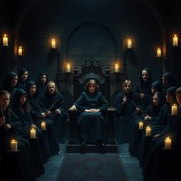 A dark, ominous courtroom from the world of Harry Potter, capturing a scene filled with tension and magic