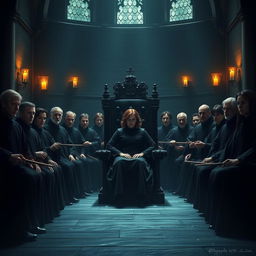 A dark, ominous courtroom from the world of Harry Potter, capturing a scene filled with tension and magic