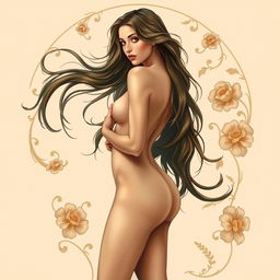 A confident and alluring naked woman, exuding elegance and grace, with long flowing hair cascading down her back