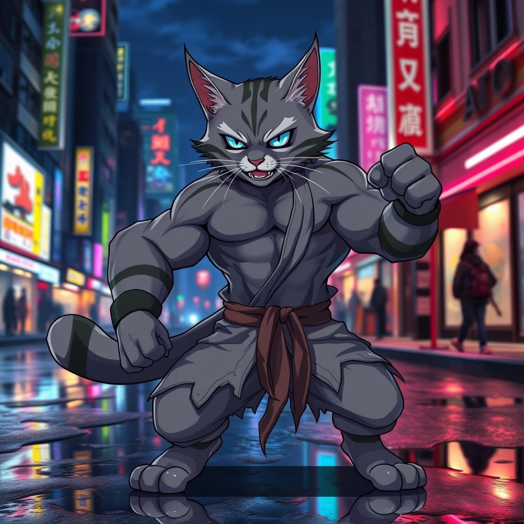 An anime-style buff cat with exaggerated muscular build, posing confidently in a dynamic action stance