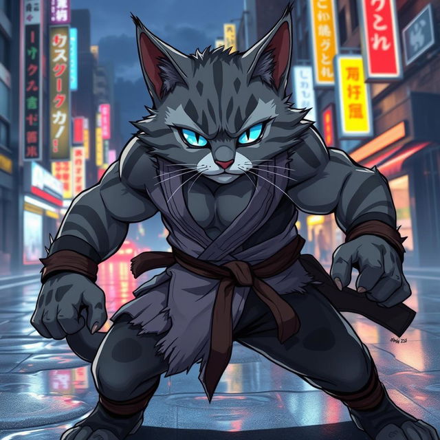 An anime-style buff cat with exaggerated muscular build, posing confidently in a dynamic action stance