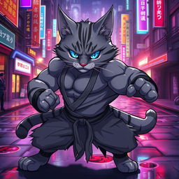 An anime-style buff cat with exaggerated muscular build, posing confidently in a dynamic action stance