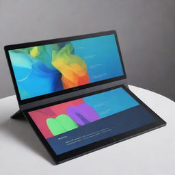 A portable, sleek tablet deploying three pop-up monitors. Each screen displays vibrant, high resolution content.