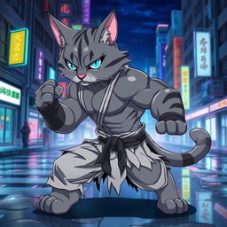 An anime-style buff cat with exaggerated muscular build, posing confidently in a dynamic action stance