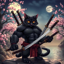 An anime-style buff black cat with an intricately muscular build, resembling a samurai warrior