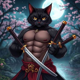 An anime-style buff black cat with an intricately muscular build, resembling a samurai warrior