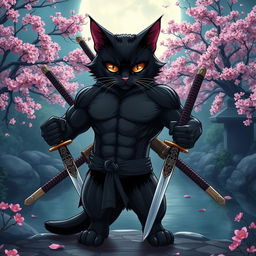 An anime-style buff black cat with an intricately muscular build, resembling a samurai warrior