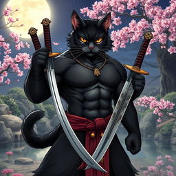 An anime-style buff black cat with an intricately muscular build, resembling a samurai warrior