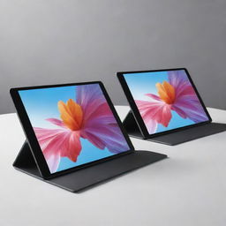 A portable, sleek tablet deploying three pop-up monitors. Each screen displays vibrant, high resolution content.