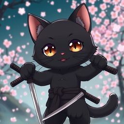 An adorable yet muscular black cat in anime style, embodying the spirit of a samurai