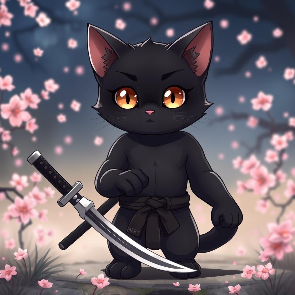 An adorable yet muscular black cat in anime style, embodying the spirit of a samurai